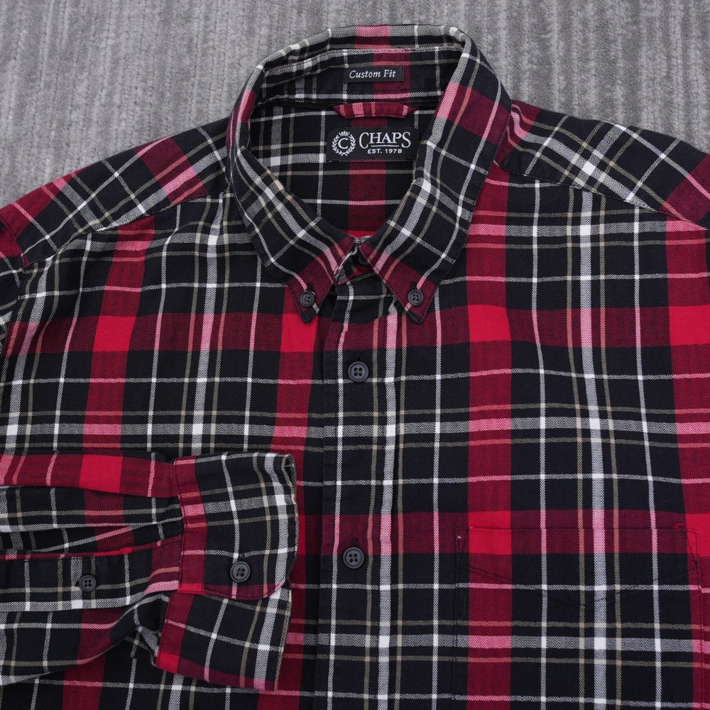 Chaps Mens Custom Fit‎ Plaid Button Down Shirt Red Black White Cotton Medium